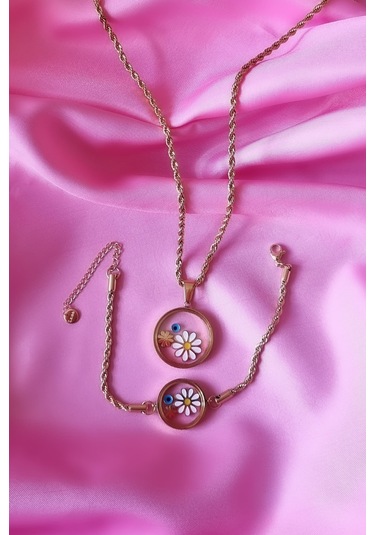 Kadın Çelik Papatya Modelli Kolye Bileklik Set