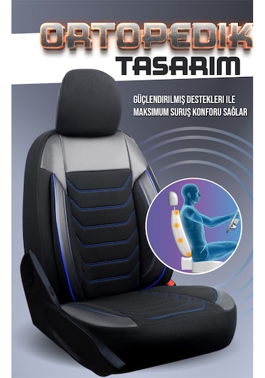 Tofaş Kartal L Uyumlu Lüx Deri Detaylı Oto Koltuk Kılıfı Ön Arka Takım Carbon Siyah Mavi