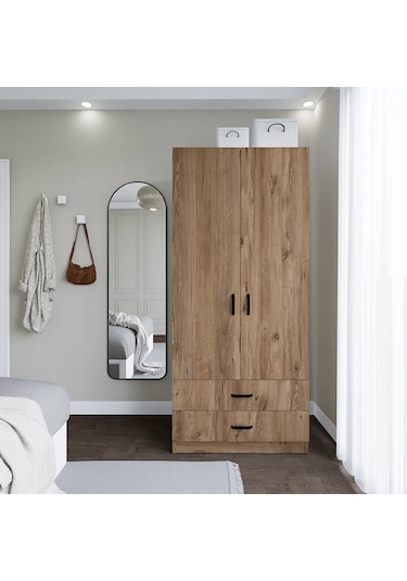 80 Cm Atlantik Çam 2 Kapaklı 2 Çekmeceli Elbise Dolabı - Gardırop Çam