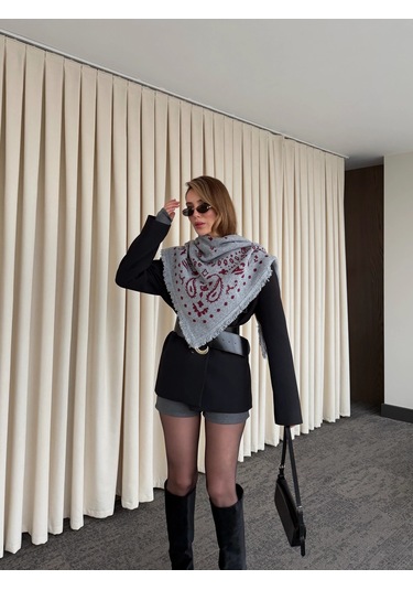 Laluvia Gri - Bordo Desenli Triko Şal - 251003 Bordo - Gri