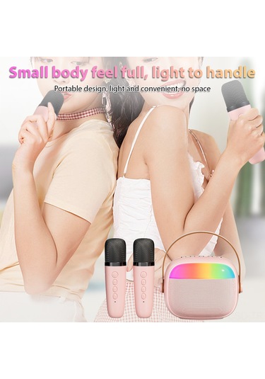 Samdoo K30 Pembe Bluetooth 5.0 Hoparlör, Dış Mekan Taşınabilir, İki Mikrofonlu Karaoke, Renkli Ambiyans Lambası, 6w Ses Gücü