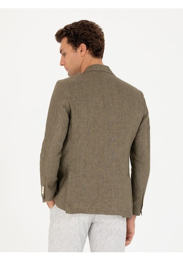 Cacharel Haki Slim Fit %100 Keten Ceket Yesıl