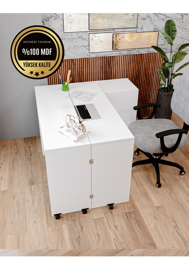 Rafineri Flor Çalışma Masası Dolaplı Açılır Katlanır Masa Mdf Bey Beyaz