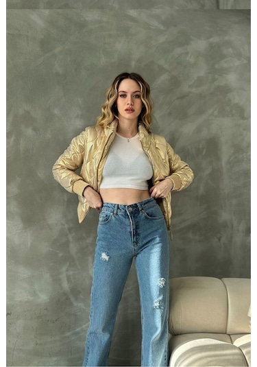 Topshow Modern Deri Görünümlü Mont Gold