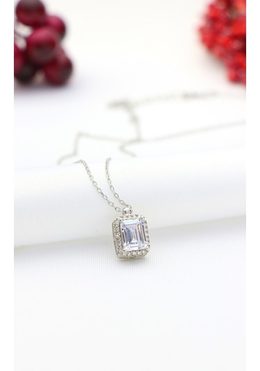 Baget Taşlı Gümüş Kolye Silver