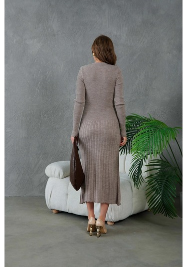 Kadın Bisiklet Yaka Tül Detay Maksi Boy Fitilli Triko Elbise Vizon