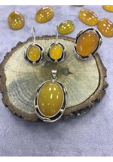 Sarı Akik Taşlı El Işi Gümüş Set 925 Ayar