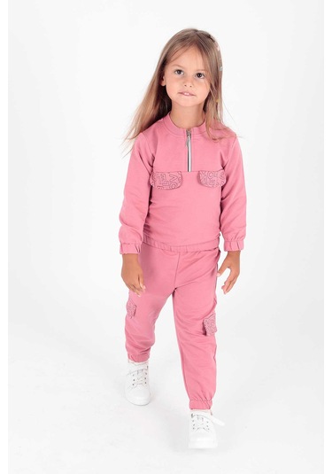 Ahengim Kız Çocuk Cepleri Baskılı Eşofman Takımı Ak2232 Gül Kurusu