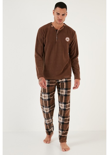 Buratti Ekoseli Regular Fit Düğmeli Bisiklet Yaka Kışlık Polar Erkek Pijama Takımı 60961002 Camel