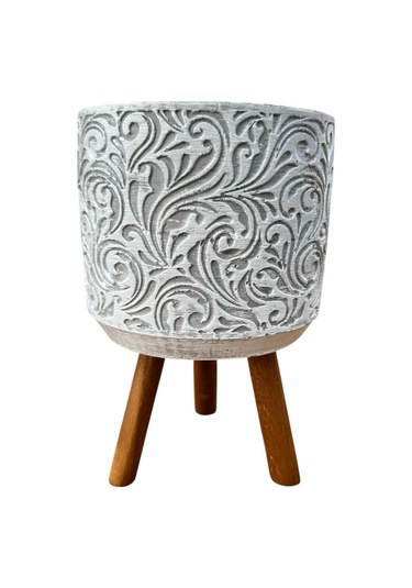 Bitki Tasarımı Ev Dekorasyon Gri Çiçek Desen Ayaklı Beton Saksı Çiçeklik Saksılık