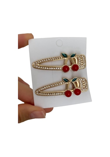 Wiya Kirazlı Çocuk Saç Tokası Altın - Kırmızı