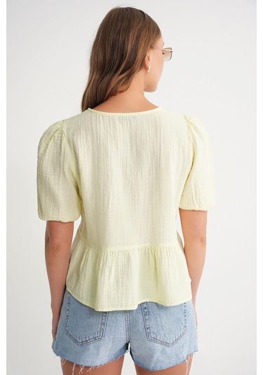 4713 Kadın Beli Büzgülü Kolu Lastikli Bol Müslin Bluz Pastel Sarısı Pastel Sarısı