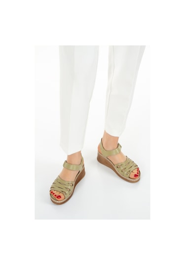 Hakiki Deri Dolgu Taban Ortopedik Taban Kadın Sandalet Haki