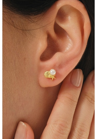 Gümüş Altın Yaldızlı İncili Okyanus Esintisi İstiridye Küpe Barcode Altın