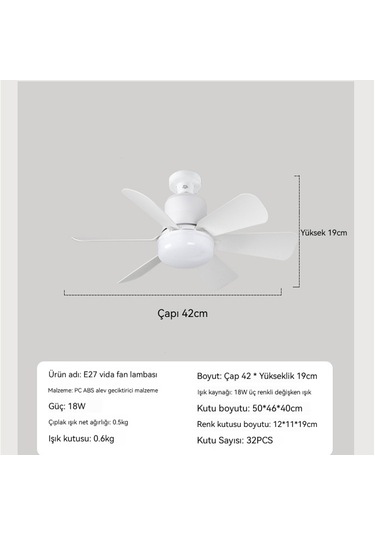 Aurora Fan Lambasıgüçlü Tonluışık Sessiz Beşyapraklı Küçük Tavan Vantilatörülambası Beyaz