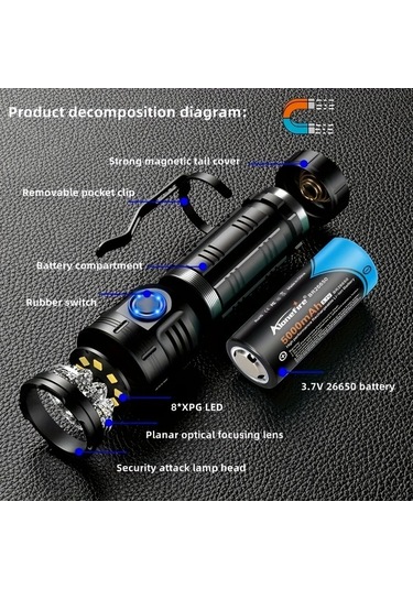 Xuweiwei Alonefire X68s Siyah 8x Led 6500k Xpg Yüksek Güç El Feneri Usb Şarj Taşınabilir Manyetik Kırmızı Uyarı 26650 Pil Açık Hava Yürüyüş Lambası Siyah