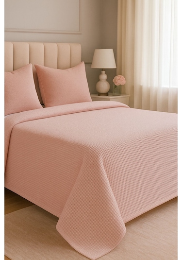 Renkli Gofret Desen Tek Kişilik Yatak Örtüsü Otel Pike 160x230 Cm Pudra Pudra