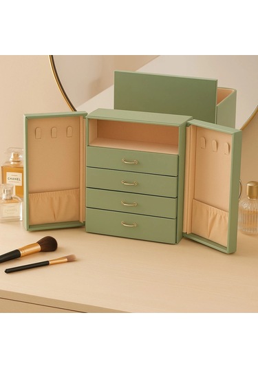 Dışı Deri İçi Kadife 5 Çekmeceli Takı Bijuteri Mücevher Kutusu Organizer Düzenleyici Yeşil İthal Ürü