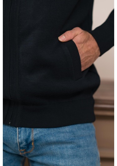 Woolen World Pilot Yaka Fermuar Kapamalı Klasik Kesim Astarlı Çelik Örgü Hırka Lacivert