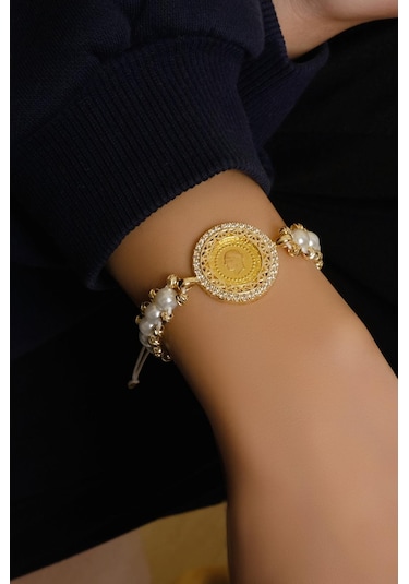 Ena İncili Çeyrekli Bileklik Sarı Altın