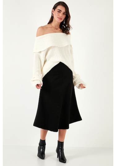 Lela Streç Regular Fit Yüksek Bel Midi Boy Süet Çan Bayan Etek 5866180 Siyah