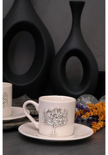 Hayat Ağacı Platin Kabartma Motif 4 Parça 2 Kişilik Kahve Fincan Takımı