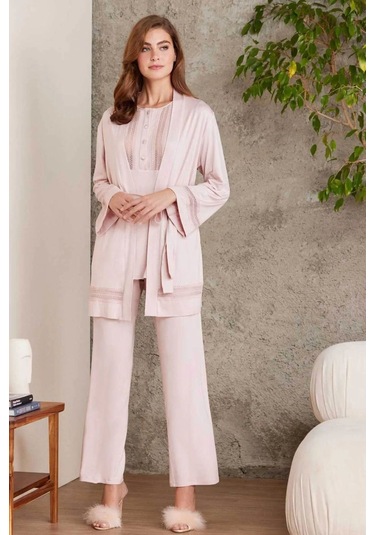 Pierre Cardin 2800 Kadın Penye Dantelli Sabahlıklı Pijama Takım-pudra Pudra