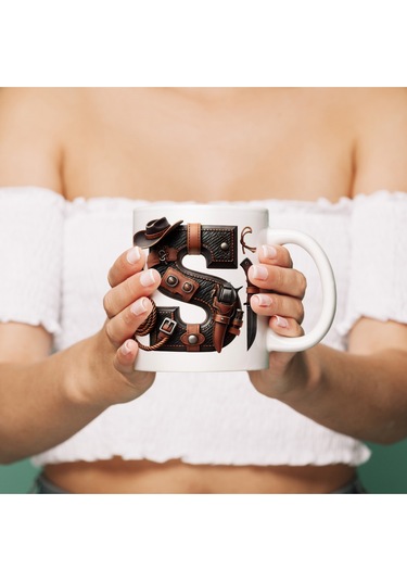 S Harfi Kovboy Temalı Bardak 330 Ml İsim / Harf Kişiye Özel Hediye - Vahşi Batı Konsept Beyaz