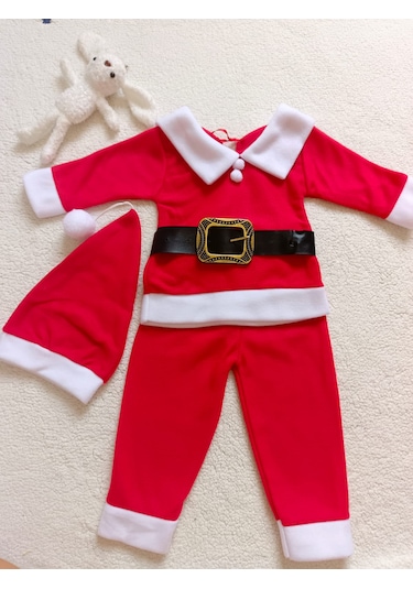 Erkek Çocuk Yılbaşı Noel Temalı , Kemerli , 3 Parça Kışlık Polar Takım , Noel Baba Kostüm Kırmızı