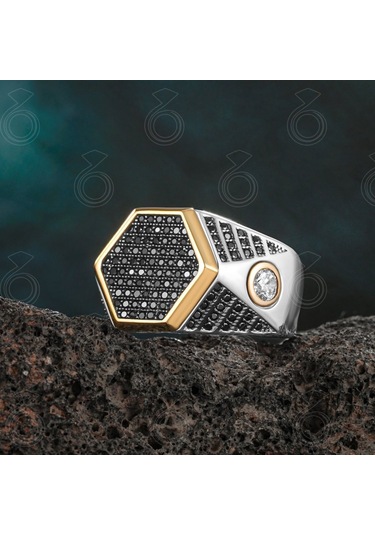 925 Ayar Gümüş Altıgen Tasarım Siyah Zirkon Taşlı Erkek Yüzük - 556385324