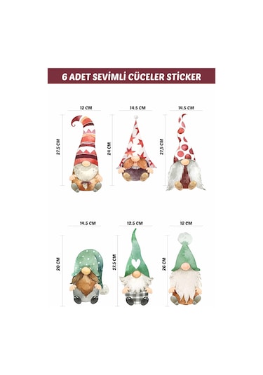 MSticker Yılbaşı Sevimli 6'lı Cüceler Çocuk Odası Cam Duvar Sticker Seti