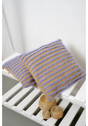 Peraluna Luxury Pıllow Simli Çizgili Triko Yastık Kılıfı 45x45 Cm Açık Lila/gold - Açık Lila