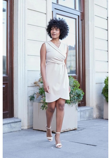 Kruvaze Anvelop Önü Büzgülü Şal Yakalı Kolsuz Likralı Krep Kumaş Elbise-taş Taş