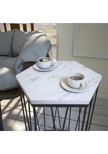 Cetrus Beyaz Mermer Yan Sehpa & Servis Sehpası Metal Marmo