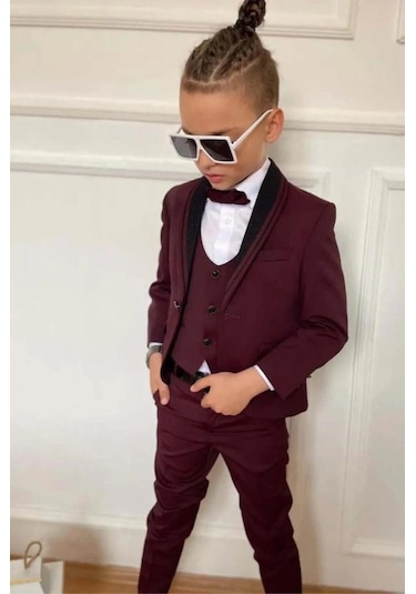 Riccotarz Erkek Çocuk Yakası Şerit Detaylı Cepken Yelekli Blazer Ceketli Bordo Takım Elbise Bordo