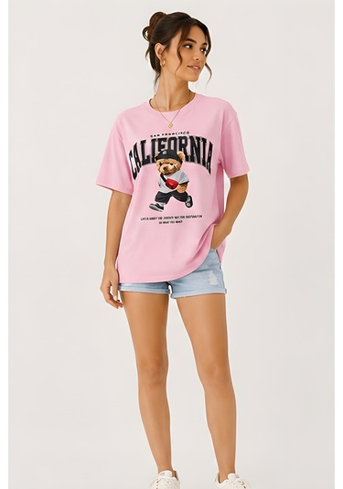 Lili Woman Kadın California Bear Baskılı Oversize T-shirt E.2686 Pembe
