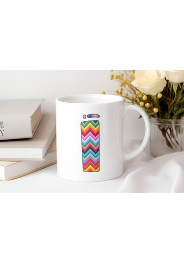 I / İ Harfi Renkli Zigzag Desenli Kupa Bardak - Afrika Tarz Etnik Tasarım Kupa - Kişiye Özel Beyaz