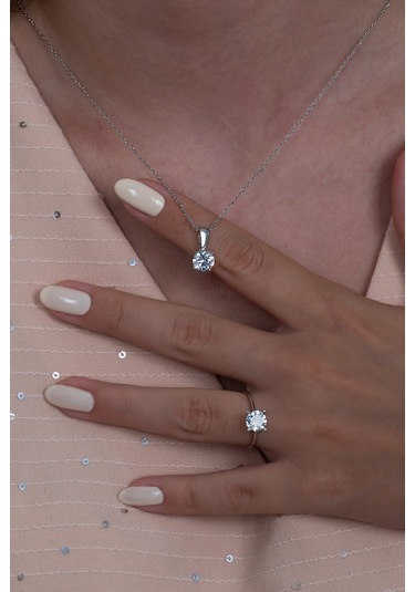 Takı Dükkanı Tek Taş Gümüş Kolye Küpe Ve Yüzük Seti Ags02 Gümüş