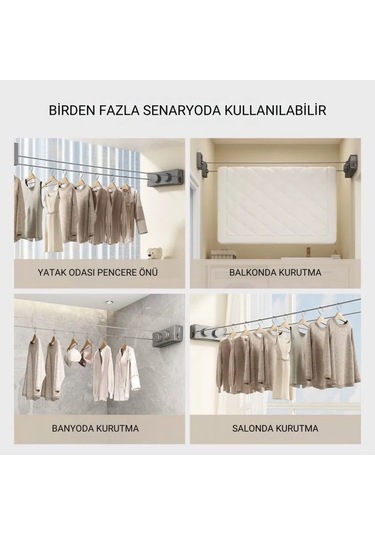 Polham 5.1 Metre Uzayabilir Çift Halatlı Çelik Dayanıklı Çek-bırak Çamaşır İpi, 40 Kg Taşıma Kapasiteli Gri