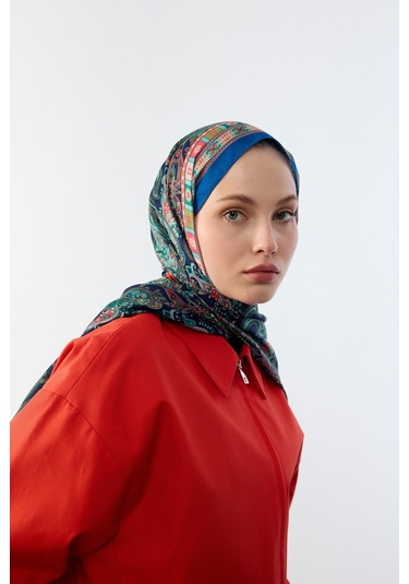 Mirsoy Scarf Asya Etnik Desen Şal Gece Mavisi