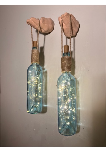 El Figürlü Duvar Lambası Pilli Led Işıklı Dekoratif Mavi Boyalı Cam Şişe Aydınlatma Vintage El Y Mavi