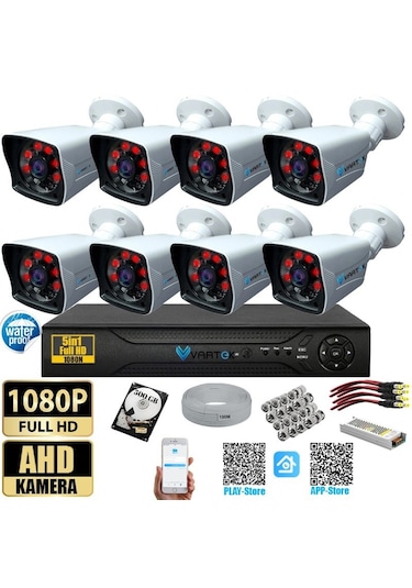 8 Kameralı 500 Gb Hdd 5mp Lensli 1080p Fullhd Kamera Seti - Su Gecirmez- Sabit İp Gerektirmez