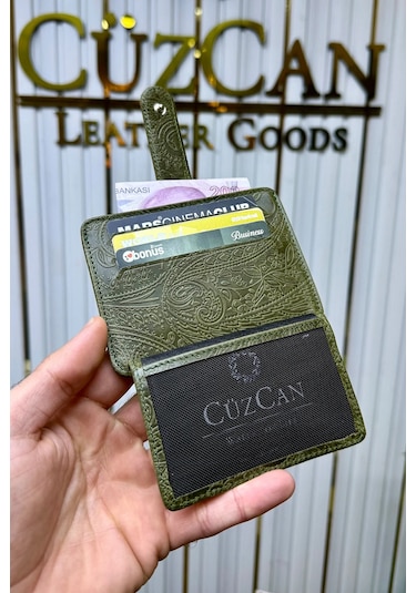 Cüzcan Jorvik Patlı Hakiki Deri Premium Kartlık Kişiye Özel İsim Baskılı Yeşil Motifli