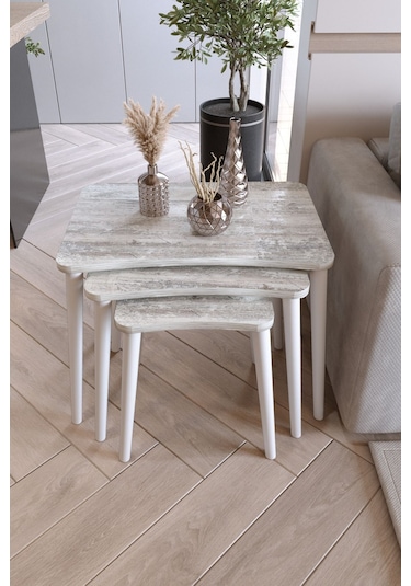 Zuesse Dizayn Beyza 3lü Zigon Sehpa & Yan Sehpa Beyaz Ahşap Ayaklı Salon Seti Çay Sehpası - Kristal