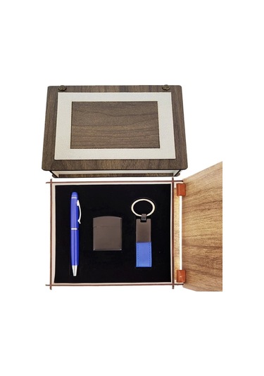 Özel Ahşap Kutulu Lacivert Kalem Anahtarlık Ve Çakmak Set Çok Renkli