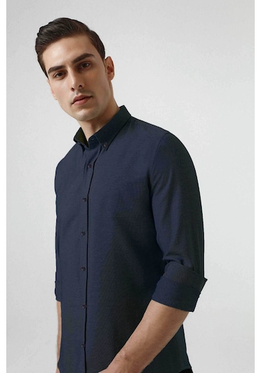 D'S Damat Ds Damat Slim Fit Armürlü Düğmeli Yaka Pamuklu Gömlek 5HC02ORT07265 - Lacivert