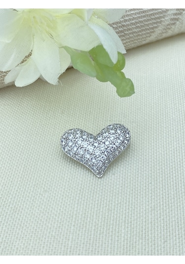 Kyver Kalp Model Full Zirkon Taşlı Broş Silver