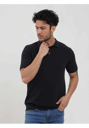 Dufy Lacivert Erkek Slim Fit Balıksırtı Desenli Polo Yaka Kazak - 104561-lacivert Lacivert