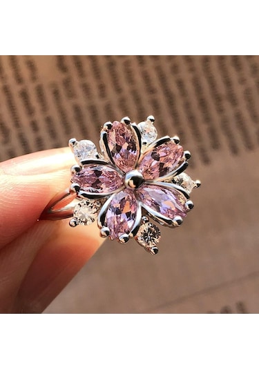 Altın - Pembe Zarif Moda Prenses Alyans Gelin Takı İçin Romantik Çiçeği Pembe Taş Bayan Yüzükler 10 Altın - Pembe