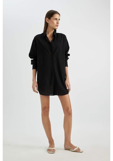 DeFacto Regular Fit Pamuklu Plaj Gömleği-Fall in Love W8241AZ24SMBK27 Siyah DeFacto Regular Fit Pamuklu Plaj Gömleği-Fall in Love W8241AZ24SMBK27 Siyah